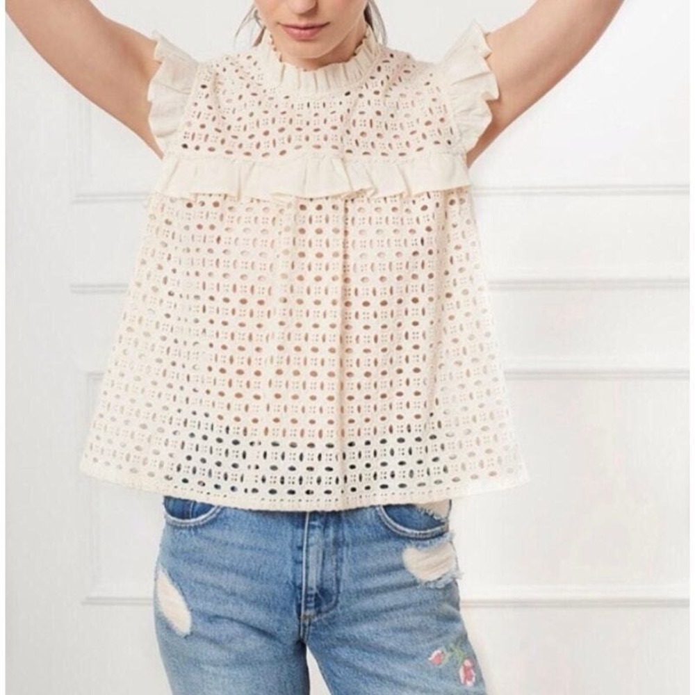 ANINE BING Top Women XS Cream White Eyelet Ruffle Sleeveless Boho Embroidered - Picture 2 of 16